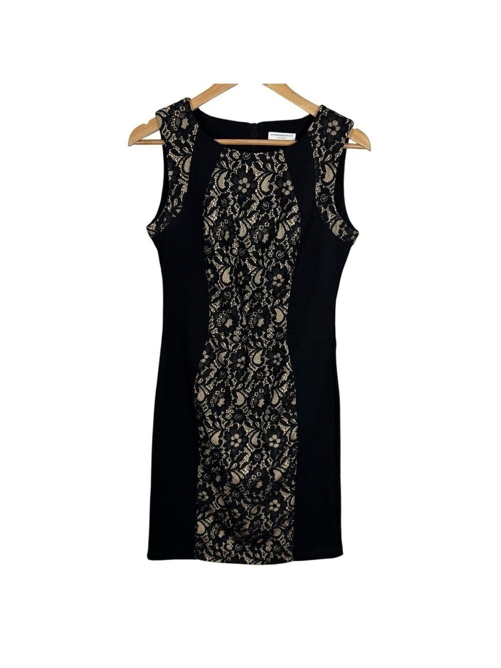 Katherine Barclay Lace Cocktail Dress Sz M Black Beige Fitted Sleeveless Party